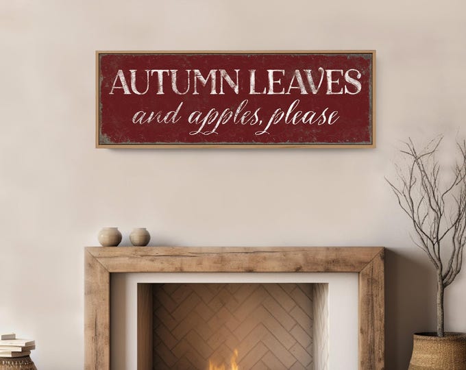 Holiday Home Decor, Seasonal Wall Art, Fall Canvas Prints, Autumn Leaves and Apple Farmhouse Sign, Burgundy Decoration, Horizontal Artwork