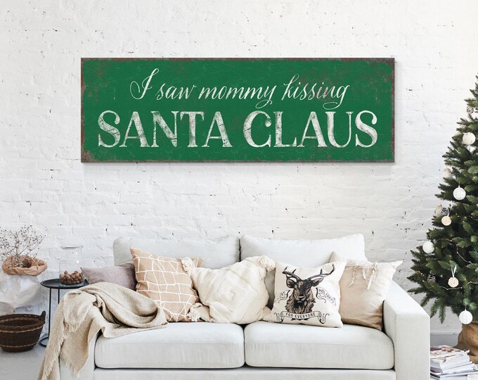 Framed Santa Art, Mommy Kissing Santa Claus Carol Lyric in Cream White on Forest Green