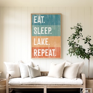 Eat Sleep Lake Repeat Sign, Retro Lake House Canvas Prints, Vacation Rental Art, Fun Lakehouse Porch Signs, Vintage Lake Decor and Wall Art