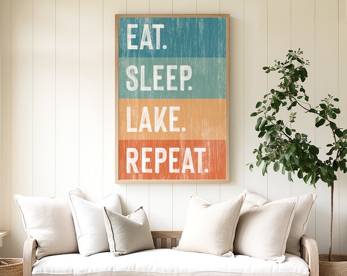 Eat Sleep Lake Repeat Sign, Retro Lake House Canvas Prints, Vacation Rental Art, Fun Lakehouse Porch Signs, Vintage Lake Decor and Wall Art
