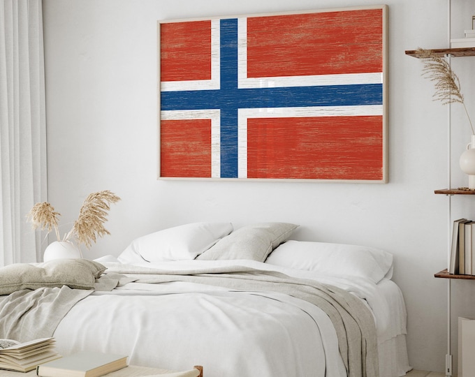 Norwegian Flag Print, Distressed Scandinavian Cross on Rustic Red, Blue White Canvas