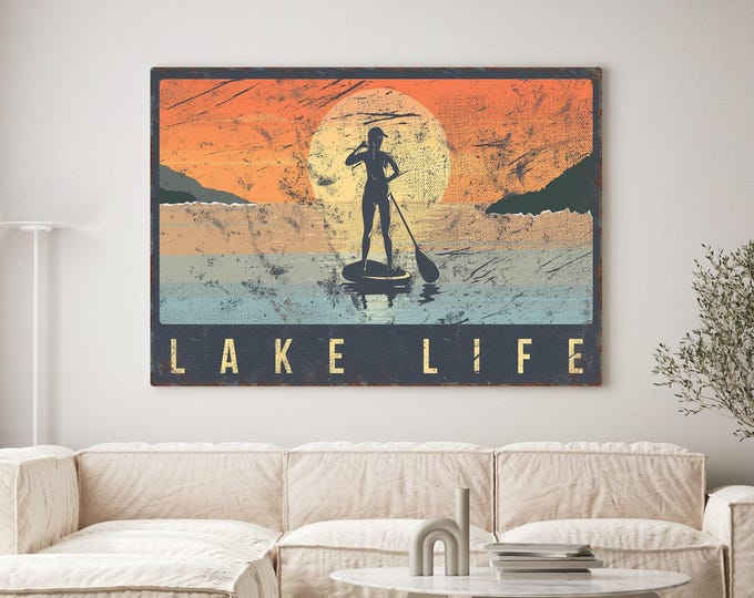 Vintage LAKE LIFE Sign, Sunset Paddleboarding Poster for Vintage Lake House Decor, Female Paddle Boarder Print, Perfect Lake Gift for Her