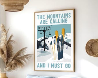 Unique Ski Decor, The Mountains Are Calling Retro Poster with Navy Skis, Cabin Lodge Print
