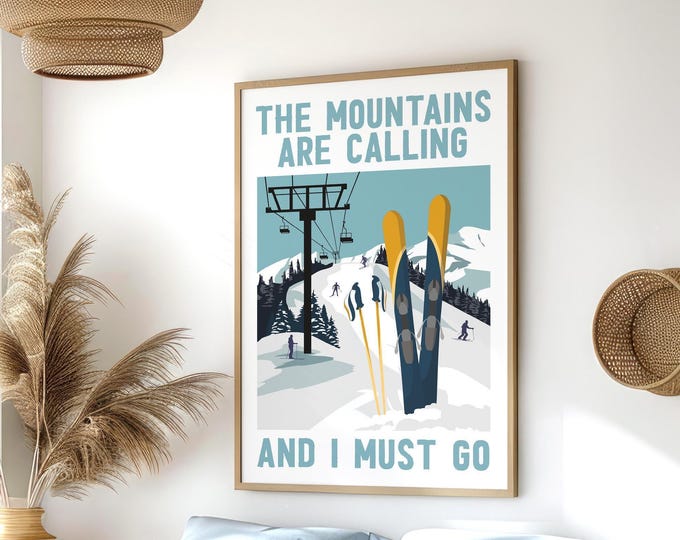 Unique Ski Decor, The Mountains Are Calling Retro Poster with Navy Skis, Cabin Lodge Print