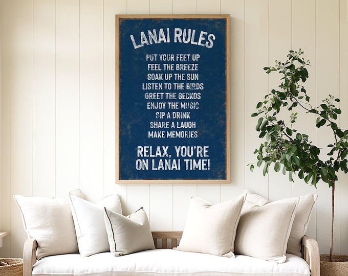Lanai Rules Sign: Coastal Vintage Decor (Canvas, Aluminum, Multiple Sizes)