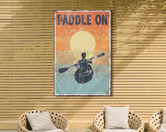 Kayak Wall Art: Vintage Paddle On Sign - Sunset Lakeside Scene