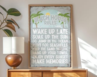 House Rules Sign Beach Palm Tree Wall Art, Blue Gray White Coastal Print