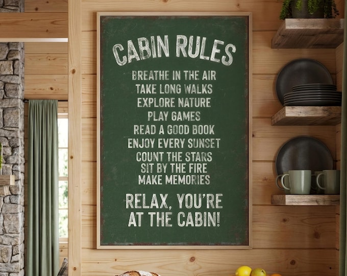 Forest Themed Decor, CABIN RULES Sign, Rustic Lodge Print, Housewarming Gift