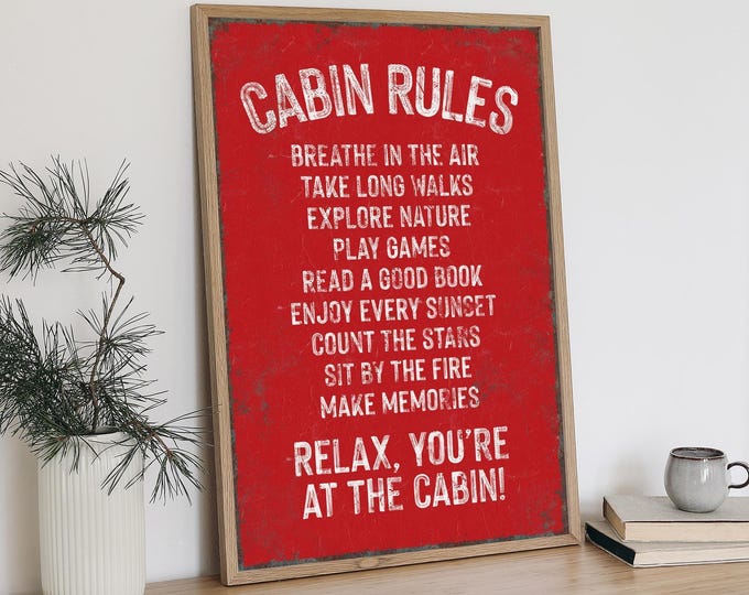 Cream Rustic Sign, Cabin Rules Breathe, Tiny Cabin Wall Art, New Cabin Gift, Cabin Themed Decor