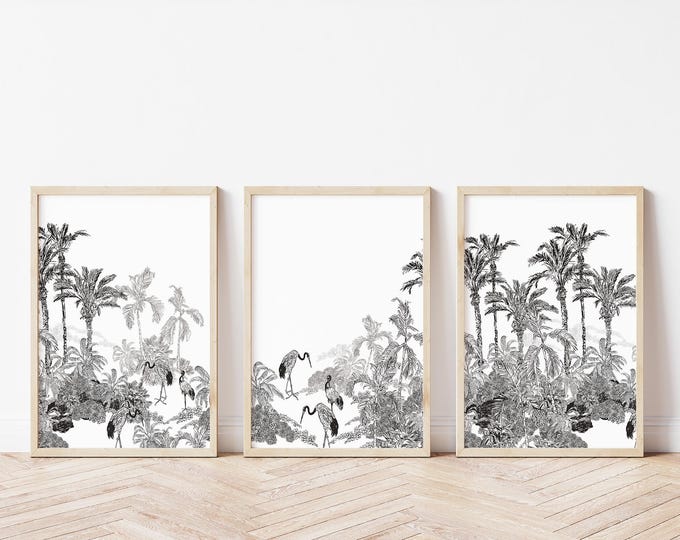 Triptych Wall Art, Framed Triptych Set, Vintage Lithograph, Tropical Panorama Print, Exotic Oriental Pattern, Modern Farmhouse Decor