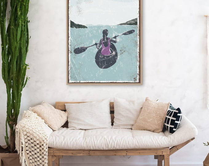 Vintage Lake Life Kayak Sign - Female Paddler, Purple Accent