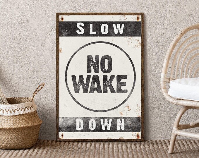 Vintage Coastal, Slow No Wake Down Sign, Cream and Black Ring Wall Art, Boater Gift