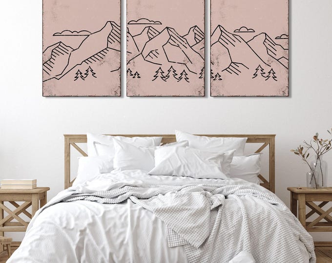 Abstract Mountain Triptych, Shell Pink Lodge Cabin Decor, Office Wall Art