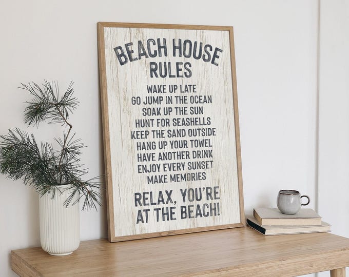 Beach Rules Sign, Vintage Beach House Rules Print in Navy on Whitewashed Wood, Gift for Beach Lovers