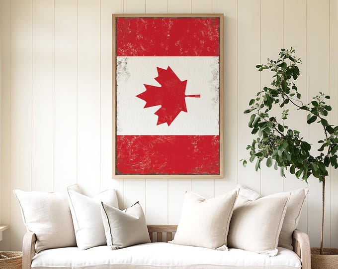 Canadian Pride Decor, Rustic Maple Leaf Flag Wall Art, Vintage Canada Sign, Red Accent