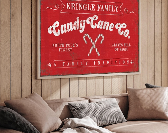 Kringle Family Candy Cane Sign: Bright Red Vintage Holiday Decor
