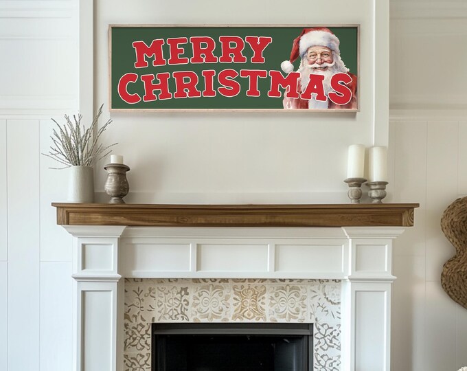 Framed Santa Sign, Merry Christmas Beside Saint Nick in a Red Hat on Forest Green