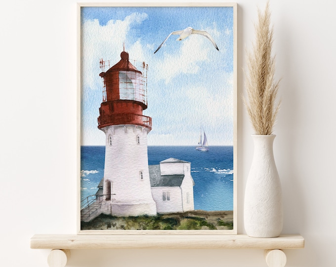 Vintage Lighthouse Print, Lighthouse Nautical Decor, Coastal Wall Decor, Retro Seascape Wall Art, Gift for Beach Lover, Vacation Rental Art