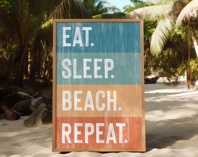 Coastal Vintage Sign, Eat Sleep Beach Repeat Stripe Print, Retro Ocean Wall Art