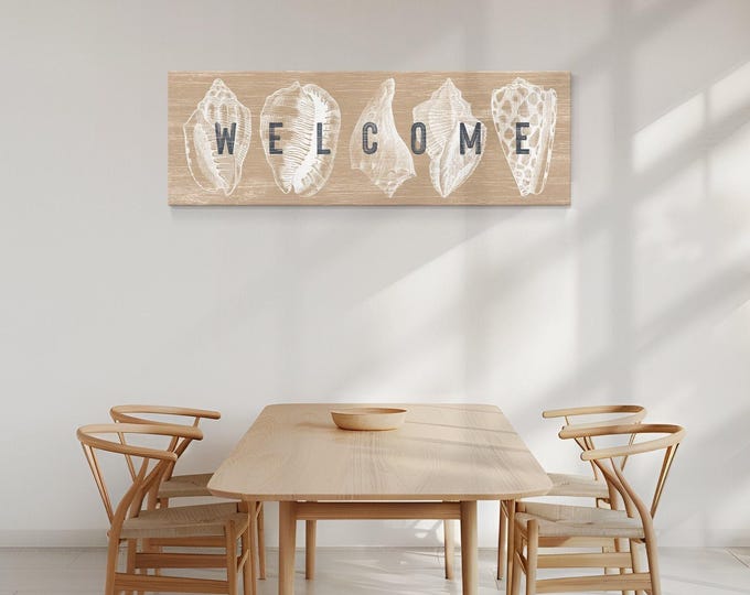 Neutral Beach Welcome Sign: Latte Beige Seashells on Faux Wood