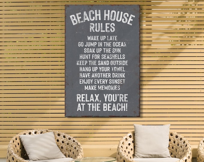 Vacation Rental Wall Art, Slate Gray Beach House Rules Canvas, Vintage Coastal Sign for Guests
