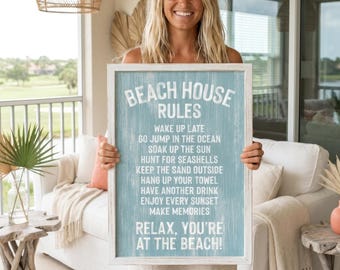Beach House Rules Sign, Light Blue Coastal Wall Art, Vintage Seaside Decor