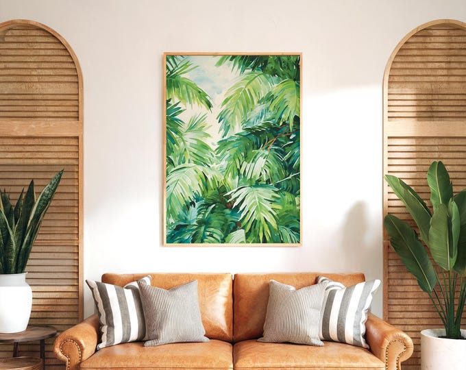 La Dolce Vita Palm Print, Green Tropical Frond Watercolor, Coastal Kitchen Art