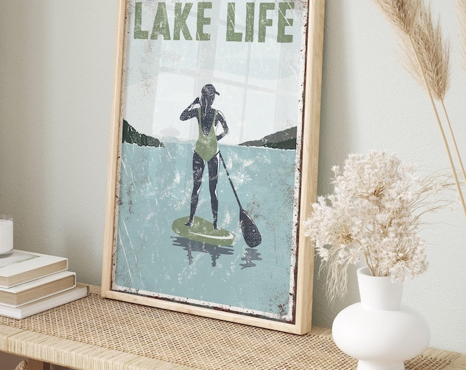 Lake House Wall Decor: Vintage Paddleboarding Sign - Green Accent