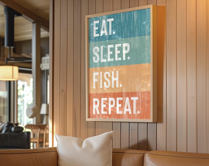 Eat Sleep Fish Repeat Canvas, Funny Gift for Fisherman, Retro Fishing Decor, Cabin Decor