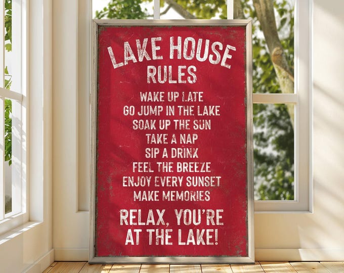 Cabin Lover Gift, Lake House Rules Wall Art, Deep Red Kitchen Sign