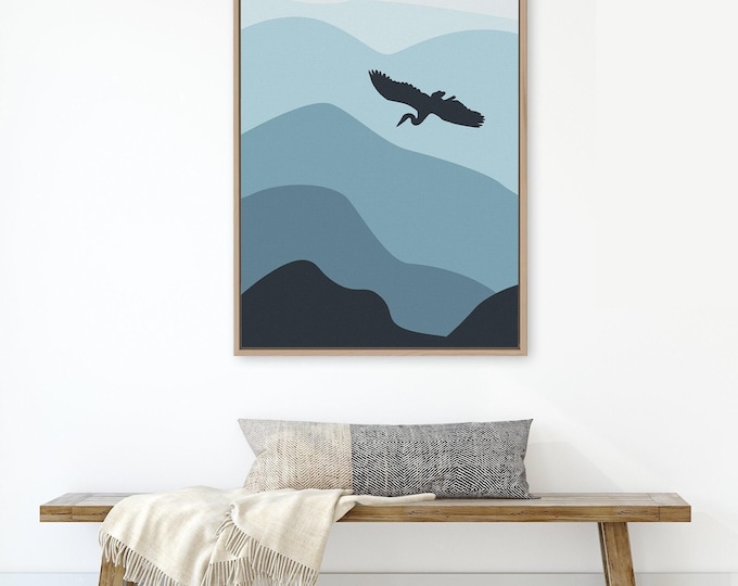 Blue Crane Flying in Mountains and Clouds, Abstract Wall Art for Home or Apartment Decor, Crane Flying Flight, Bar Cart Decor