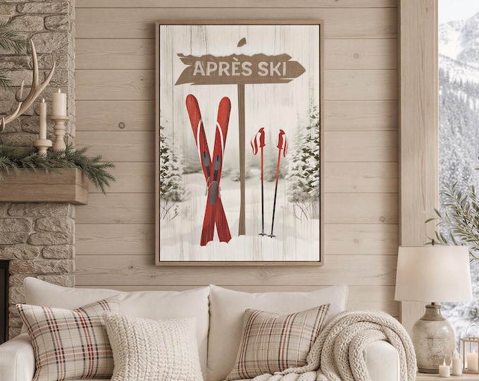 Pine Sign, APRES SKI Arrow with Red Skis and Snowy Pines, Cream Cabin Wall Art