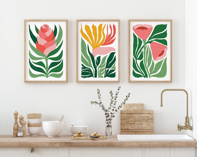 Bird of Paradise Triptych Wall Art, Boho Tropical Home Decor, Bar Cart Art