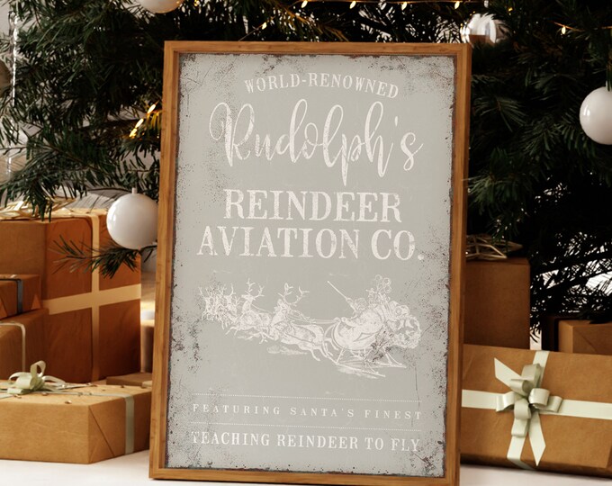 Vintage Reindeer Santa Sleigh Sign, Rudolph the Red Nosed Reindeer, Gifts for Christmas Lovers, Christmas Farmhouse Decor, Gray and White