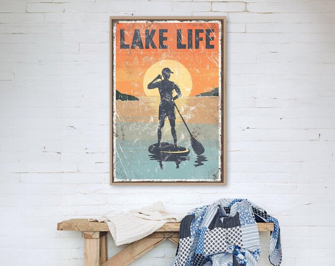Paddleboard Sunset Art: Vintage Lake Life Decor (Canvas or Aluminum)