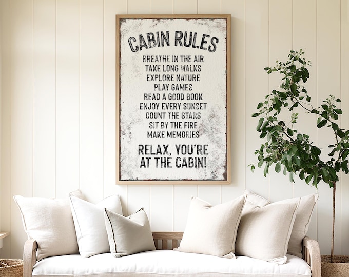 Vintage White "CABIN RULES" Canvas Wall Art, Modern Farmhouse Art Print for Mountain Lodge, Retro Ski Chalet Thank You Gift for Hostess