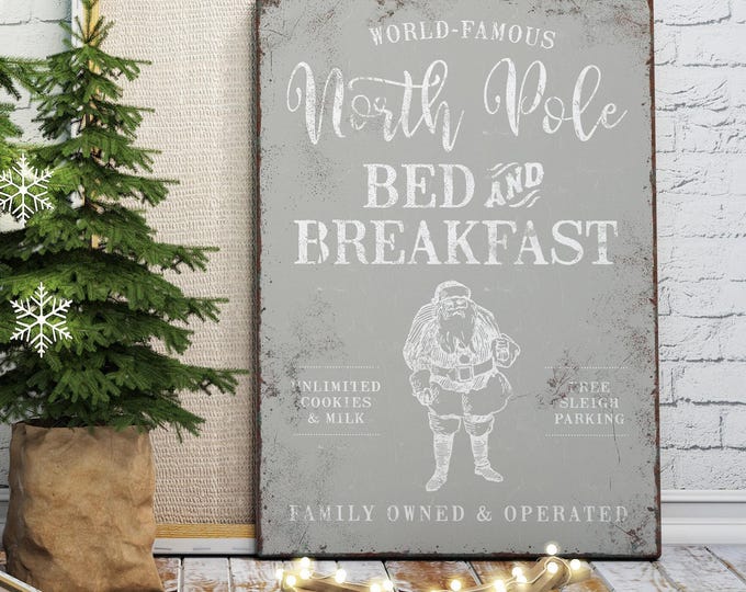 Santa Wall Art, North Pole Bed and Breakfast with Cookies and Milk in Cream on Sage Grey