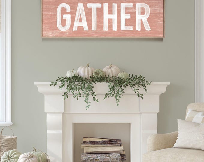 GATHER Sign in Coral Pink, thanksgiving home decor, thanksgiving wall print, gather sign farmhouse, gather sign for dining room
