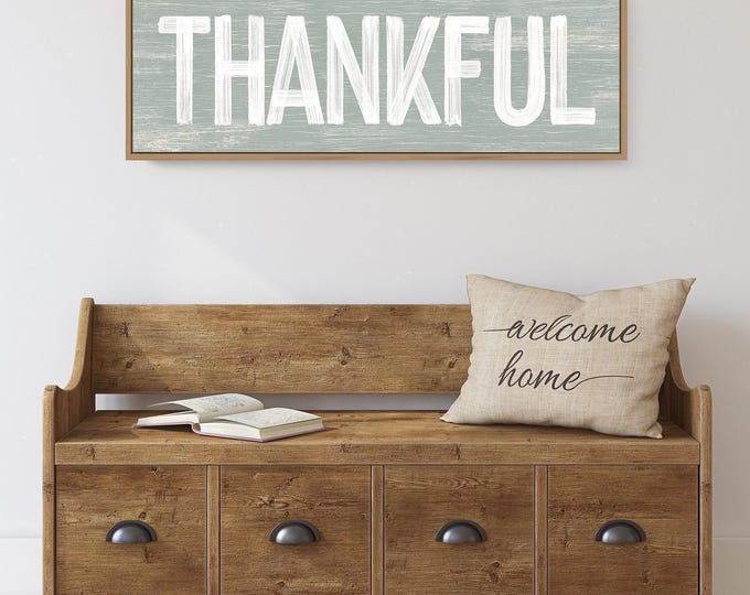 Gifts For Autumn, Thankful Pale Sage Sign, Weathered Wall Art