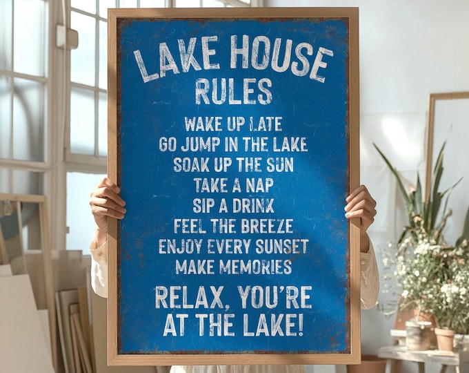 Coastal Lake House Rules Canvas in Ocean Blue, Lake Lover Gift