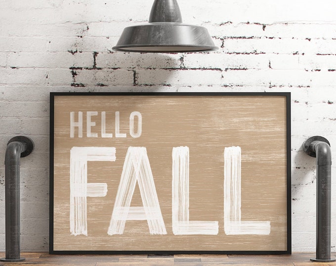 Hello Fall Sign in Latte, Vintage Farmhouse Decor, Modern Farmhouse Sign, Seasonal Wall Art, Framed Autumn Wall Decor, Halloween Decor