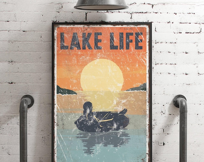 vintage "LAKE LIFE" sign SUNSET > tubing poster for vintage lake house decor, female tuber, modern farmhouse, canvas wall art, aluminum sign