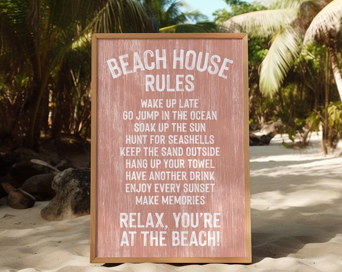 Beachhouse Decor, Gift For Her, Beach Rules Poster, Rustic Coral And White Driftwood Sign, Vintage Coastal Art For Living Room Or Patio