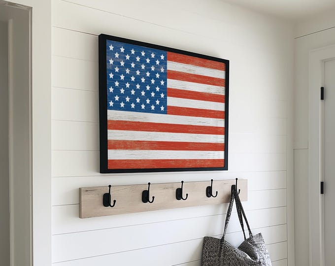 American Flag Print Framed, Vintage American Flag Sign, American Home Decor, USA Wall Prints, Framed Retro United States of America Sign
