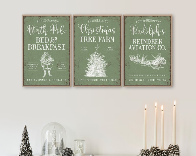 Vintage Christmas Triptych Wall Signs, Seagrass Green, Christmas Tree Farm, North Pole Bed & Breakfast, Santa's Sleigh, Christmas Wall Decor