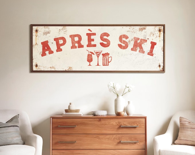 Ski Lodge Wall Sign, Apres Ski Bar Art in Red on Weathered Cream, Cabin Drinks Cart Decor
