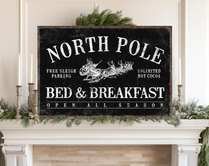 North Pole Christmas Sign - Rustic Vintage Holiday Wall Art