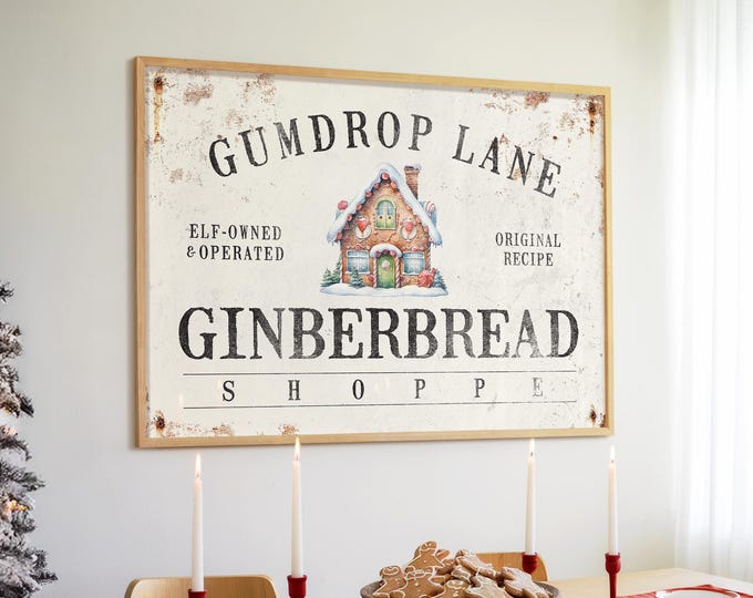 Gingerbread House Sign in Barn Red and Green on Worn Cream
