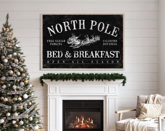 Winter Hot Cocoa Bar Sign, Black North Pole Bed and Breakfast Art