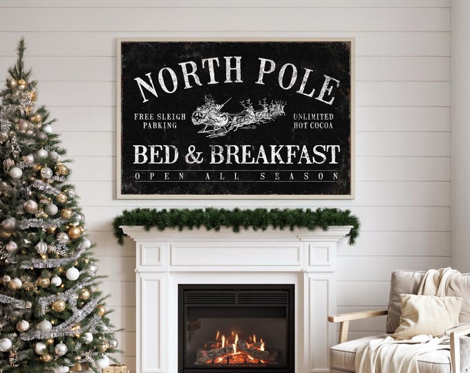 North Pole Sleigh Parking Sign, Black Christmas Wall Print, Free Shipping US